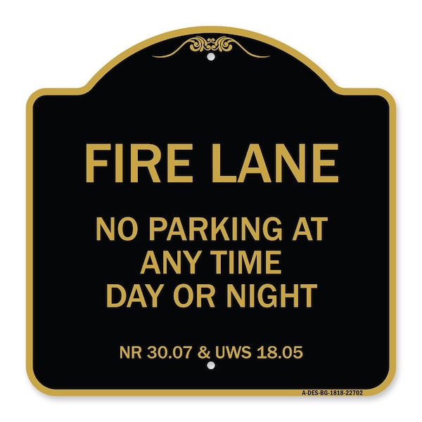 Signmission Wisconsin Fire Lane No Parking Anytime Day or Night, Black & Gold Alum, 18" x 18", BG-1818-22702 A-DES-BG-1818-22702 - main